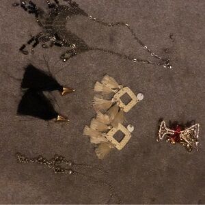 All included Black & Gold Tassel Earrings, Cream Tassel Earrings, Purple